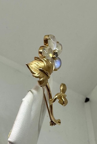 Retro Mondstein Saphir Blume Brosche 14 Karat Gold Antik Midcentury - Bild 11 von 21
