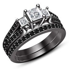 2 CT Princess Lab Created Diamond Bridal Wedding Ring Set 14K Black Gold Over