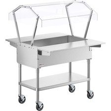 Stainless 3 Pan Ice-Cooled Food Table w/ 2-Sneeze Guard, Side Trays, 5" Casters