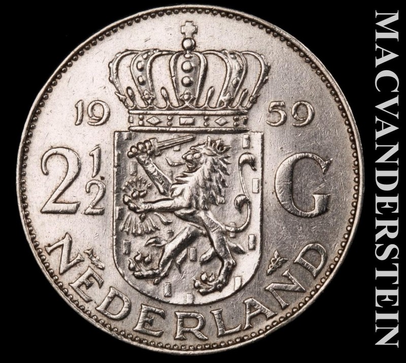 Netherlands: 1959 Silver 2.5 Gulden - Scarce  High Grade  Lustrous  #L7944
