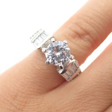 925 Sterling Silver Round  Tapered Baguette-Cut C Z Engagement Ring Size 5.25