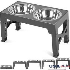 Elevated Dog Feeding Station Adjustable Height W/ 2 Stainless Steel Bowls New