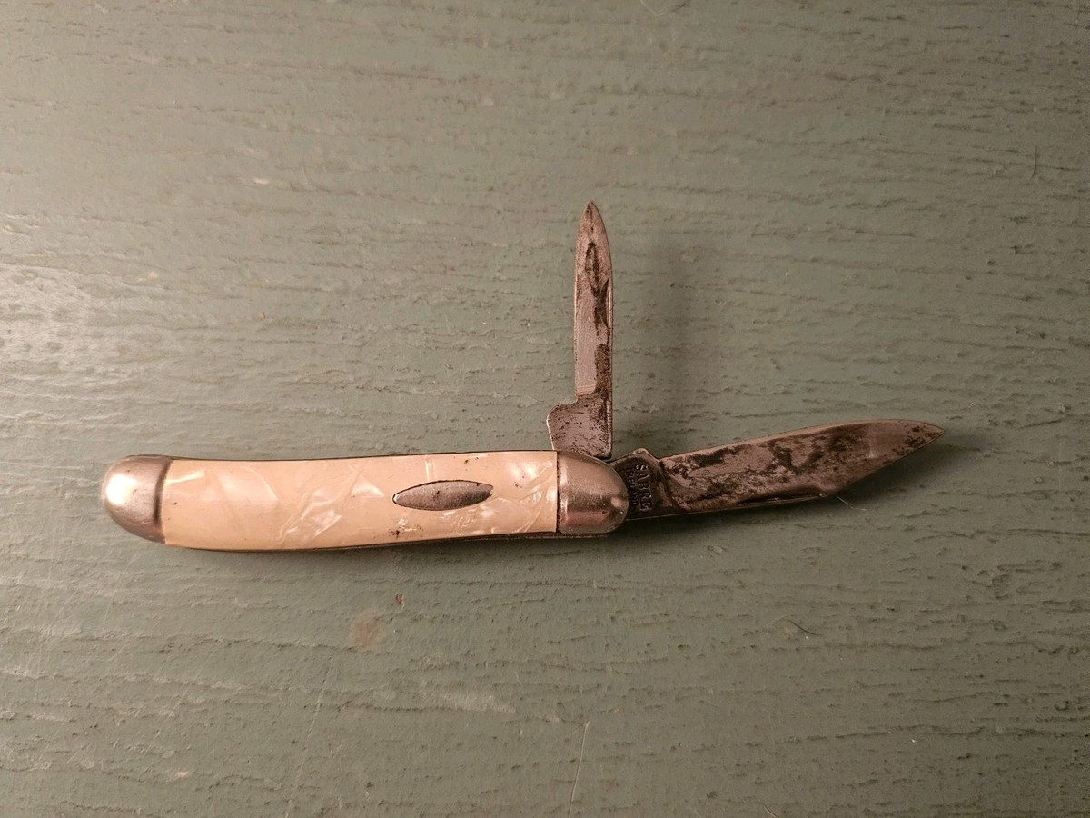 希少 90s 最初期 Bounty Hunter Ireland製vintage Vintage Sabre Ireland 2 Blade PocketKnife, Mother Of Pearl-Very
