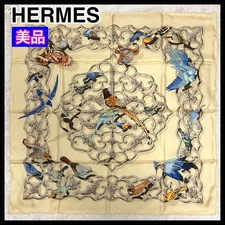 Hermès Kare90 Birds of India Silk Scarf Beige Blue Brown Green Used