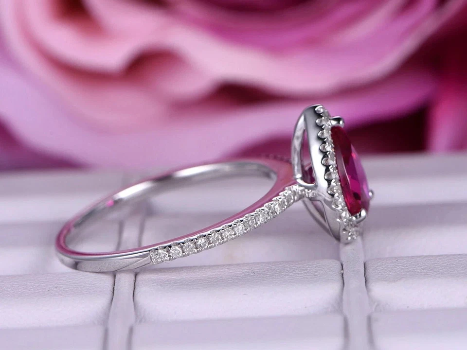 1.90 Ct Pear Cut Real Ruby & Diamond Engagement Ring 14K Solid White Gold - Image 4 of 4
