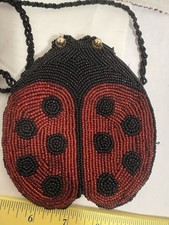 Red Black Beaded Ladybug    Zippered Coin Purse 4.5" x 4.25" Long Lined Adorable
