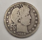 《Silver》1908D USA BARBER QUARTER -- .1808 OZ of SILVER!!!
