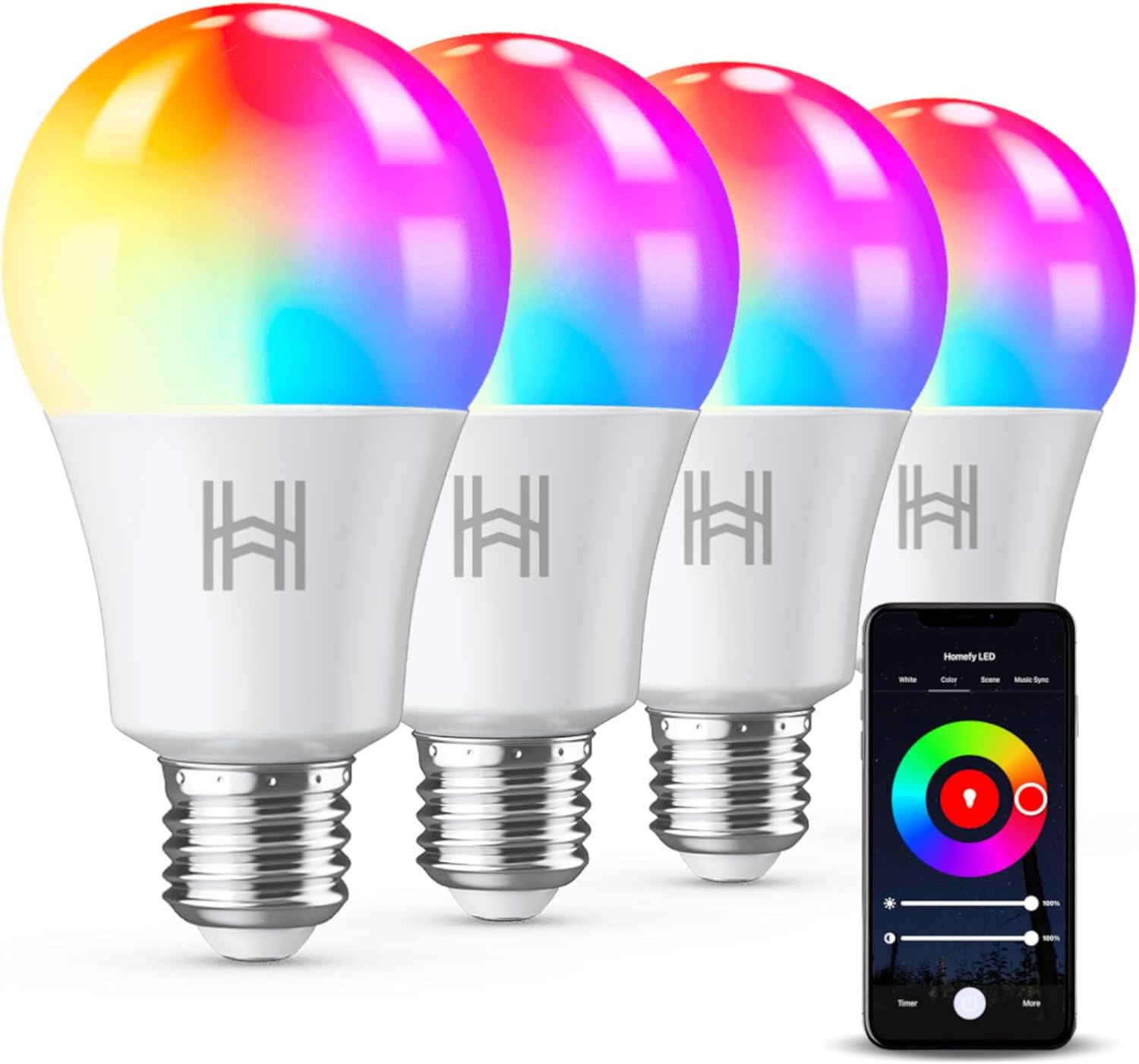 4 Pack, A19 Color Changing Led (800 Lumens), Wifi & Bluetooth,