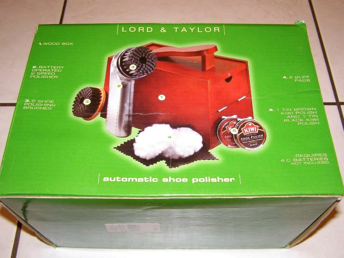 Lord Taylor Automatic Electric Handheld Shoe Shine Set in Cherry Wood Box NEW