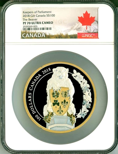 2018 Canada S$100 Gilt Keepers Of Parliament The Beaver 10 Oz. NGC PF70 UC OGP