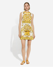 Dolce&Gabbana Short Majolica Print Yellow And White Brocade Dress Size 38, 2 US