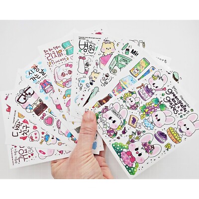 10 sticker sheets 4.5 in x 3.5 in Korean sticker lot set, illustrated sticker
