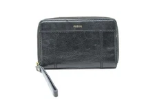FOSSIL Black Leather Bifold Medium Wristlet Zip Around