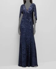 $525 Rickie Freeman by Teri Jon Women's Blue Sequin Capelet Cape Dress Size 8