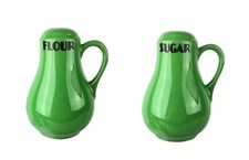 Vtg McCandless Green Ceramic Jug Flour Sugar Shaker Set 5" Range Set Read