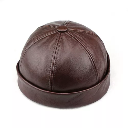 Men Genuine Leather Skullcap Sailor Cap Hat Beanie Rolled Cuff Retro Brimless - Picture 14 of 14