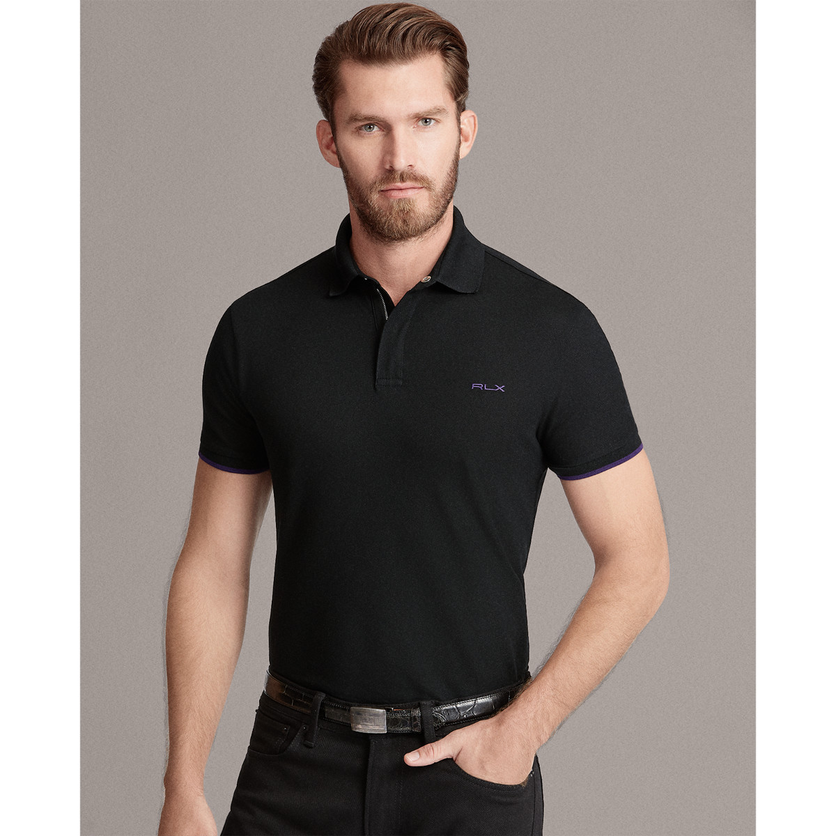 $395 Ralph Lauren Purple Label Black Zip Placket Stretch Pique Polo Sport Shirt