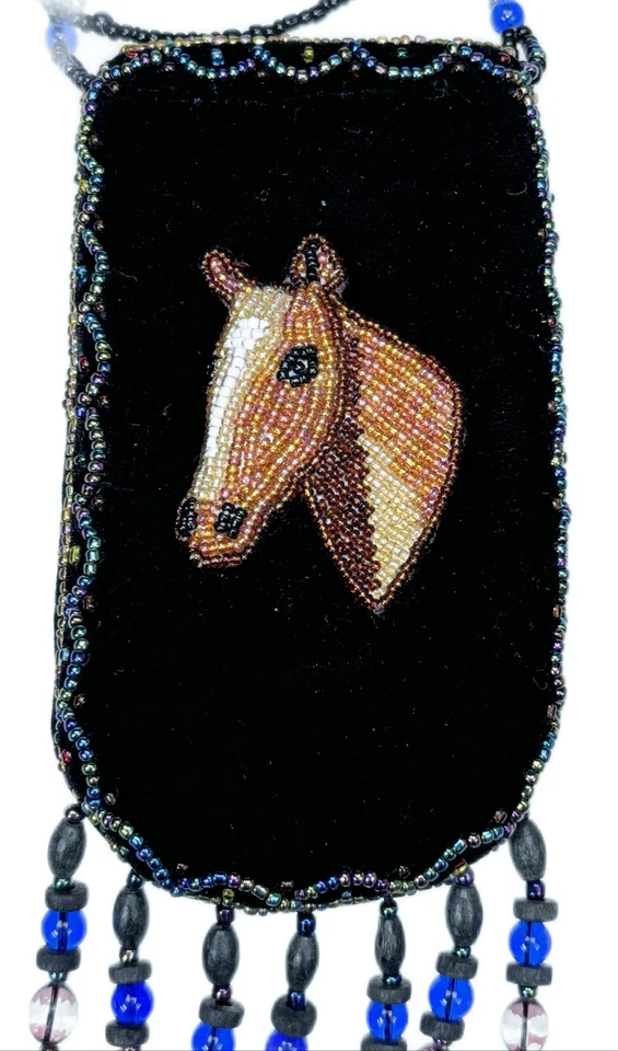 Beaded Horse Credit Card Holder Crossbody Bag Pouch Black Velvet Wall Pocket - Image 2 of 4
