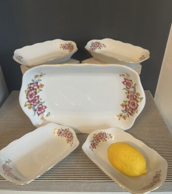 Rare Koresten Shallow Serving Bowl Set White Porcelain W Pink Flowers Gold  Trim