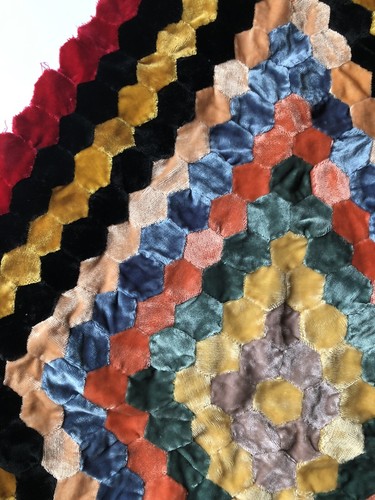 Antique Velvet Hand Stitched Pieced Diamond Partial Quilt Top Unfinished - Picture 11 of 18