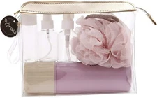 6Pcs Travel Set Containers Bottles Bath Puff Tooth Mug Transparent Toiletry Bag