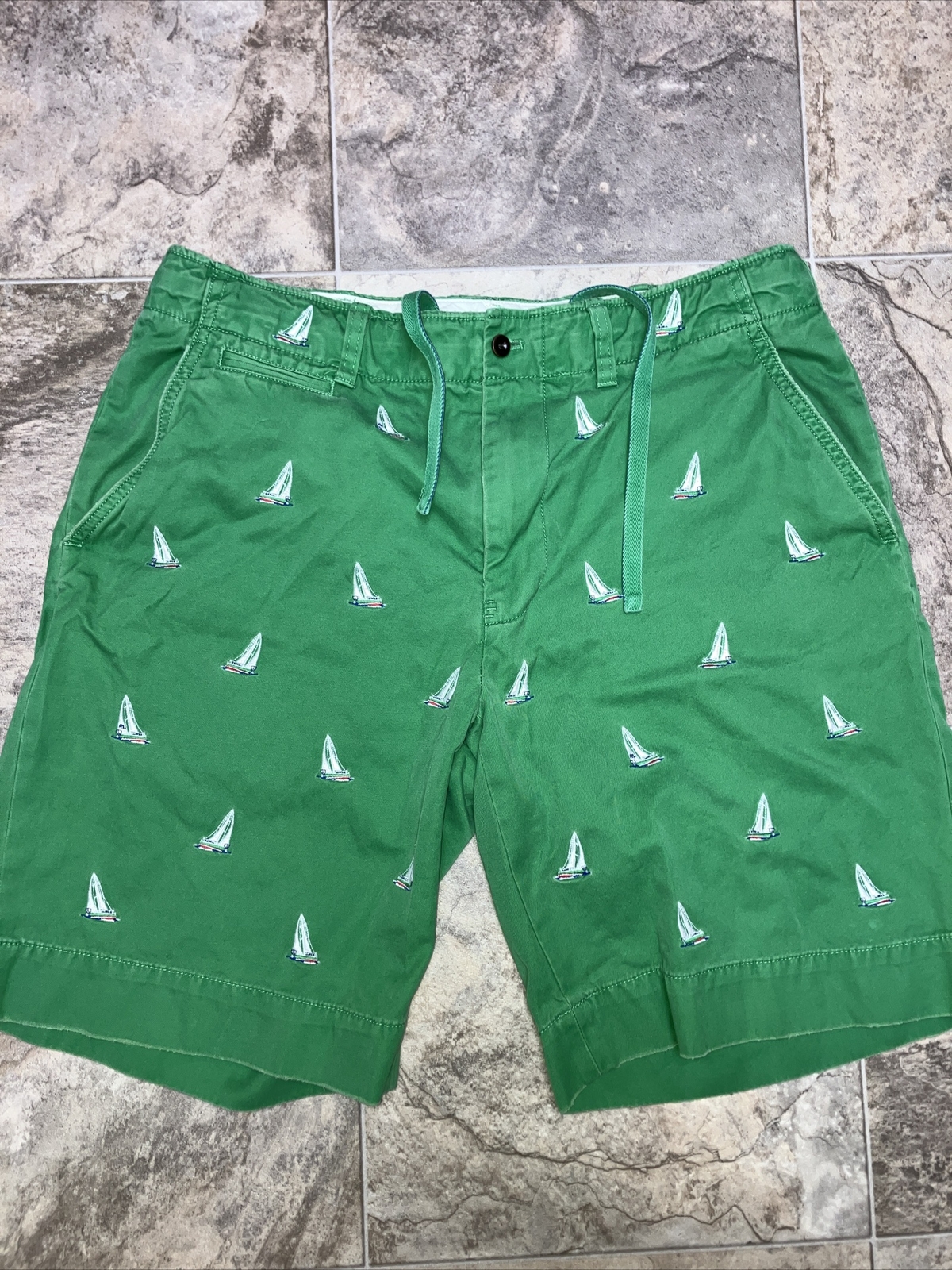 polo ralph lauren Chino Drawstring Shorts Size 35 Rare Sail Boat Stitched Green