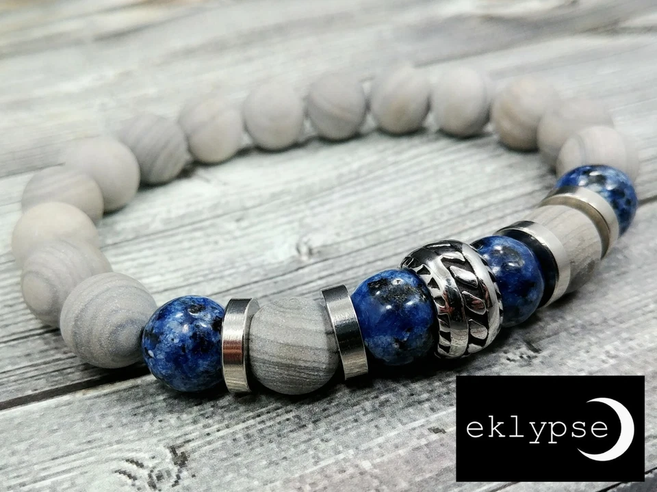 Brazalete con cuentas de piedras preciosas de jaspe a rayas de madera azul y gris de 8" L de acero inoxidable de 10 mm Foto 4 de 4