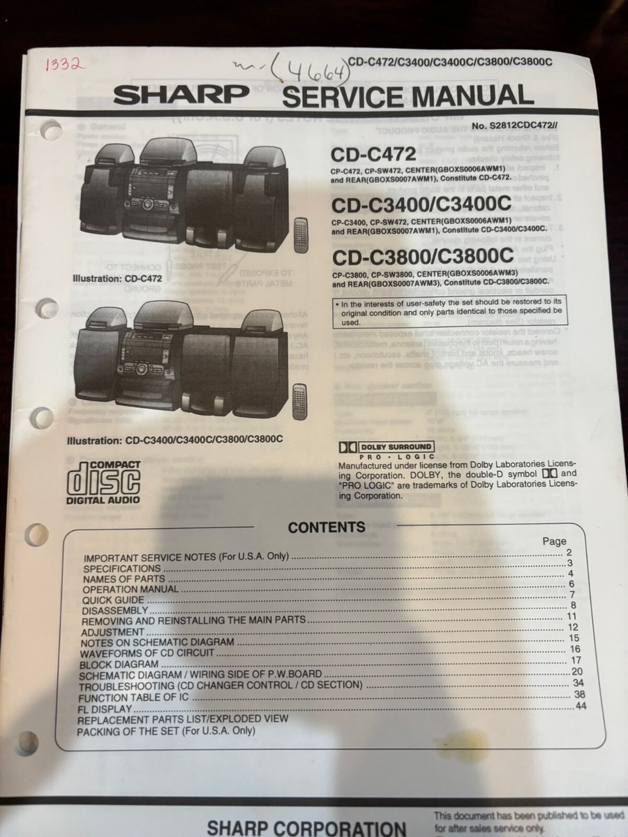 SHARP CD-C472 CD-C3400 CDC-3400C CD-C3800 CDC-C3800C Service