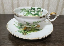 Vintage Cherry China Made in Japan Footed Cup And Saucer White Green Gold