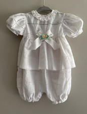 Vintage White Cotton Eyelet Baby Girl Romper Puff Sleeve Bow Ruffle 6-9M