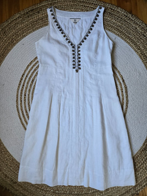 Noa Noa Linen Sleeveless White Embellished V-Neck Mini Dress Boho Casual Summer