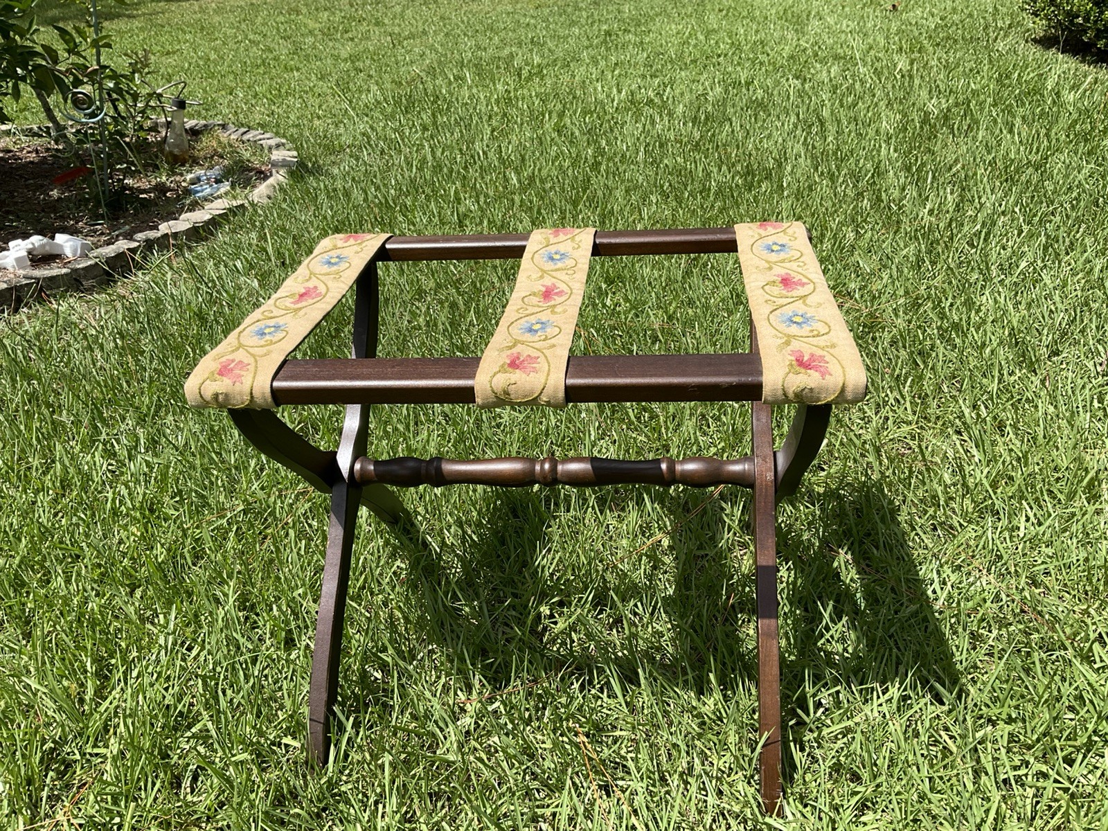 Vintage Scheibe Wooden Folding Luggage Rack Stand Tapestry Fabric Straps MCM