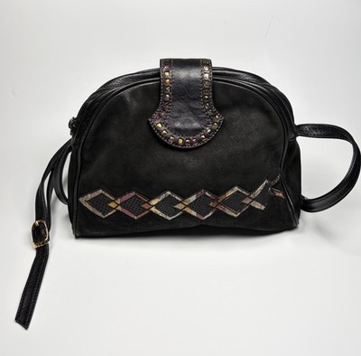 Vintage Mima Venezia Black Leather Shoulder Bag Italian Crossbody Boho Purse