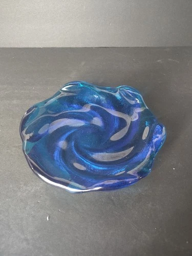 MCM 1960s Fenton Colonial Blue Swirl Ashtray Large 8" Candy Or Trinket Dish