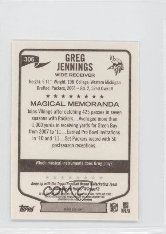 2013 Topps Magic Mini Greg Jennings #306 - Image 2 of 2