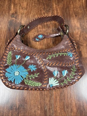 Isabella Fiore Rare Brown Leather Floral Shoulder Bag Blue Flowers Tassels Laced