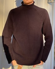 Vtg J. Crew Oarsman Mens Small Cotton Navy Blue Roll Neck Hem Fisherman Sweater