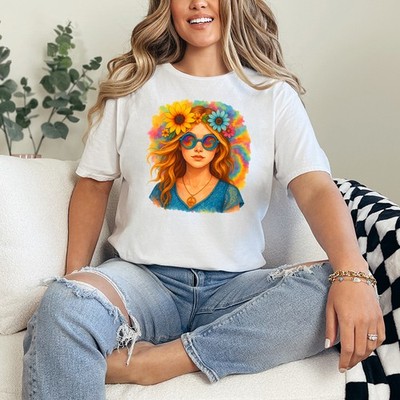 Hippie Blumenkind Peace Damen ringgesponnen T-Shirt 60er 70er Retro Geschenk für Sie