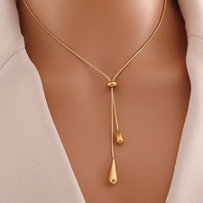 18K Gold Plated Tassel Lariat Necklace 316L Stainless Steel Adjustable Chain