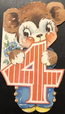 Vintage Birthday Greeting Card Cute Anthro. Bear W/Red Striped 4   So You re 4! 