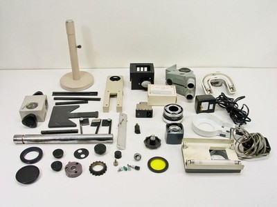 Lot of 36 Microscope Parts Heads Stands Lights Filters Knobs Adapters As-Is