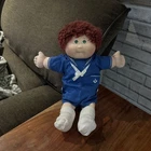 Vintage Cabbage Patch Kids Boy Doll Red Auburn Fuzzy Hair Green Eyes in Blue Sai