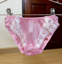 Vintage Pink Glossy Silky Polyester Panty Nylon Floral Lace Hi Cut Bikini Sz.6/M