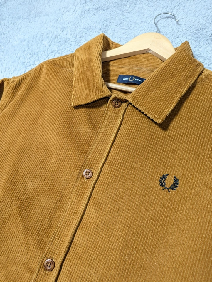 Fred Perry Corduroy Overshirt Jacket Mens XL Caramel Brown Cord Chore Coat — 第 2/4 张图片