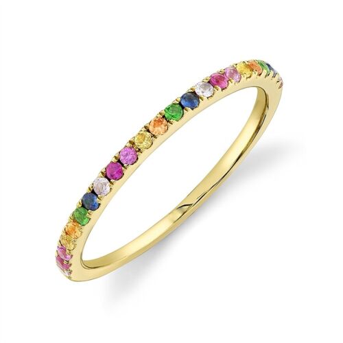 14K Gold Rainbow Gemstone Band Ring Multi Color Thin Natural Round 0.28CT Size 6