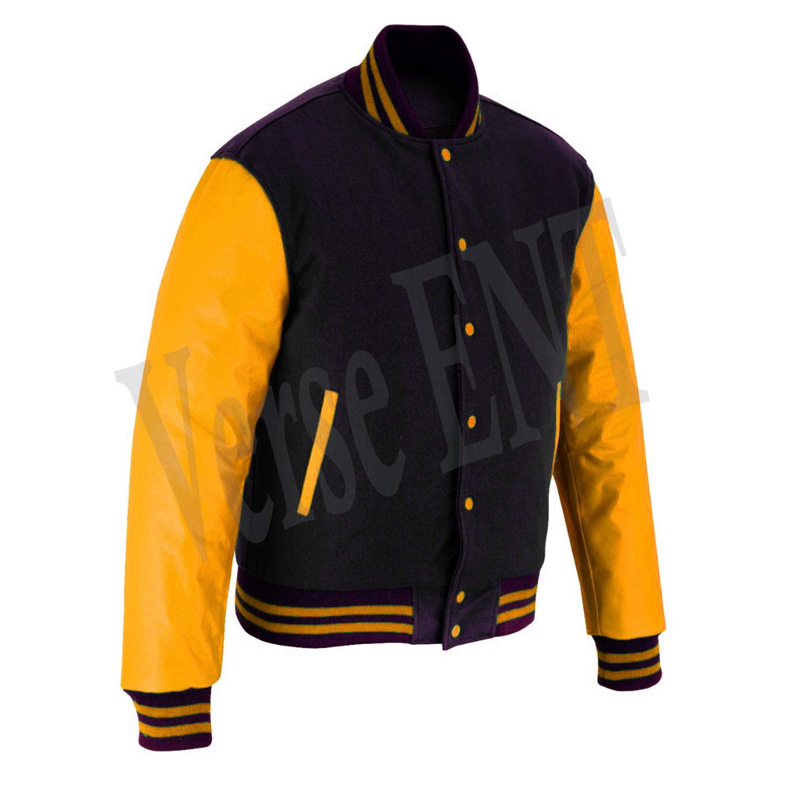 Unisex Letterman Bomber Varsity Black Wool Yellow Real Leath