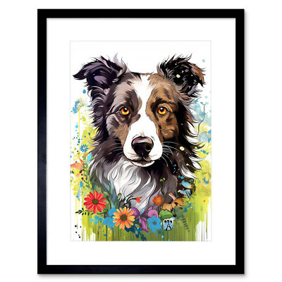 Border Collie Hund hell Aquarell Blumenportrait gerahmtes Wandbild Bild 9x7