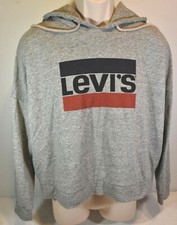 LEVI'S Pullover Hooded Sweatshirt Gray w/ Navy  Red LEVI'S Icon on Front Size L