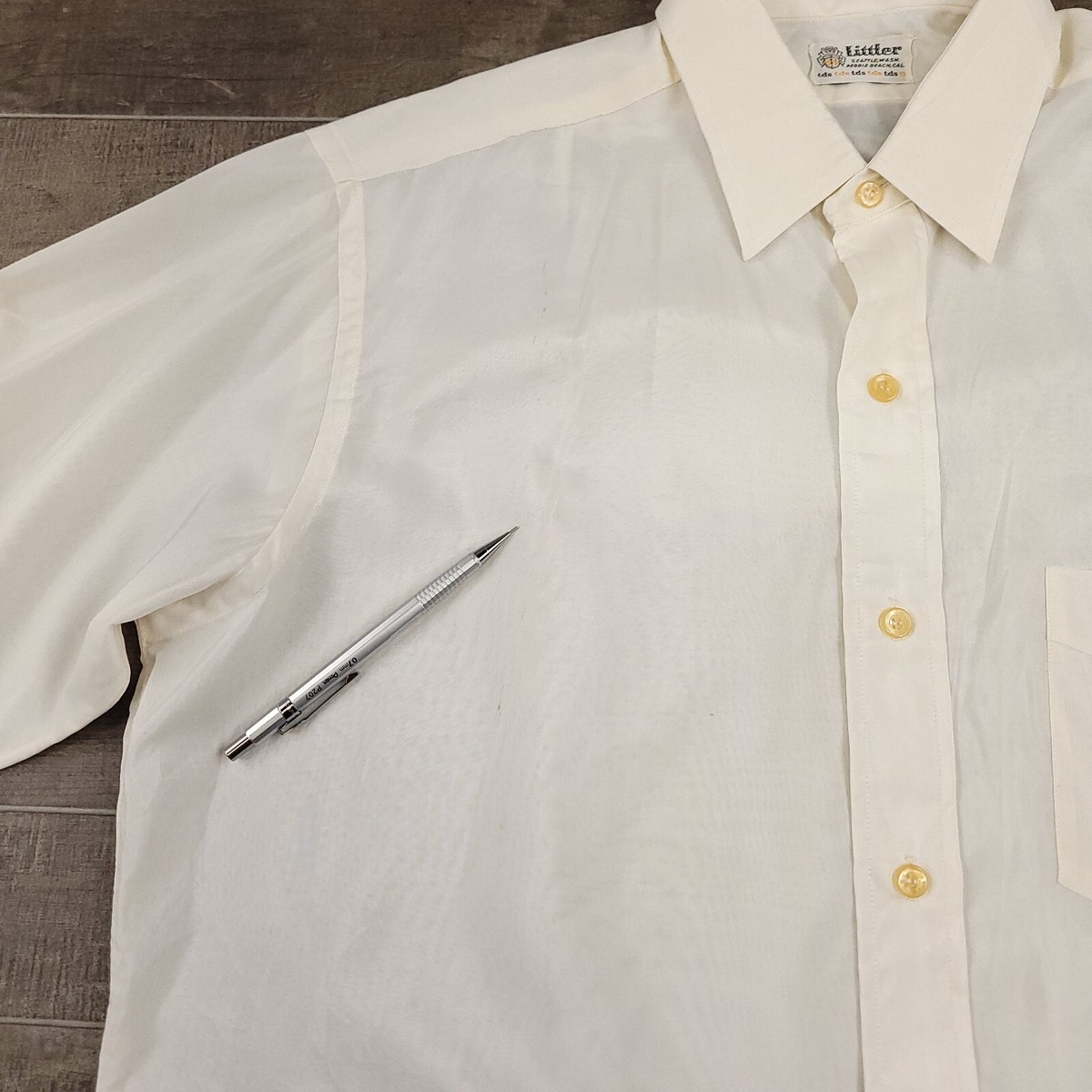 トップス 50s USA DACRON open collar shirt Vtg 50s Dupont Shirt Dacron Nylon Loop Collar Sheer Atomic