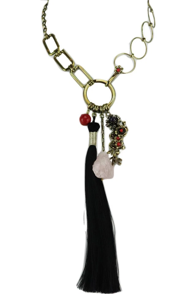 ETRO BRASS TONE TASSELED MULTI STONE CHAIN NECKLACE